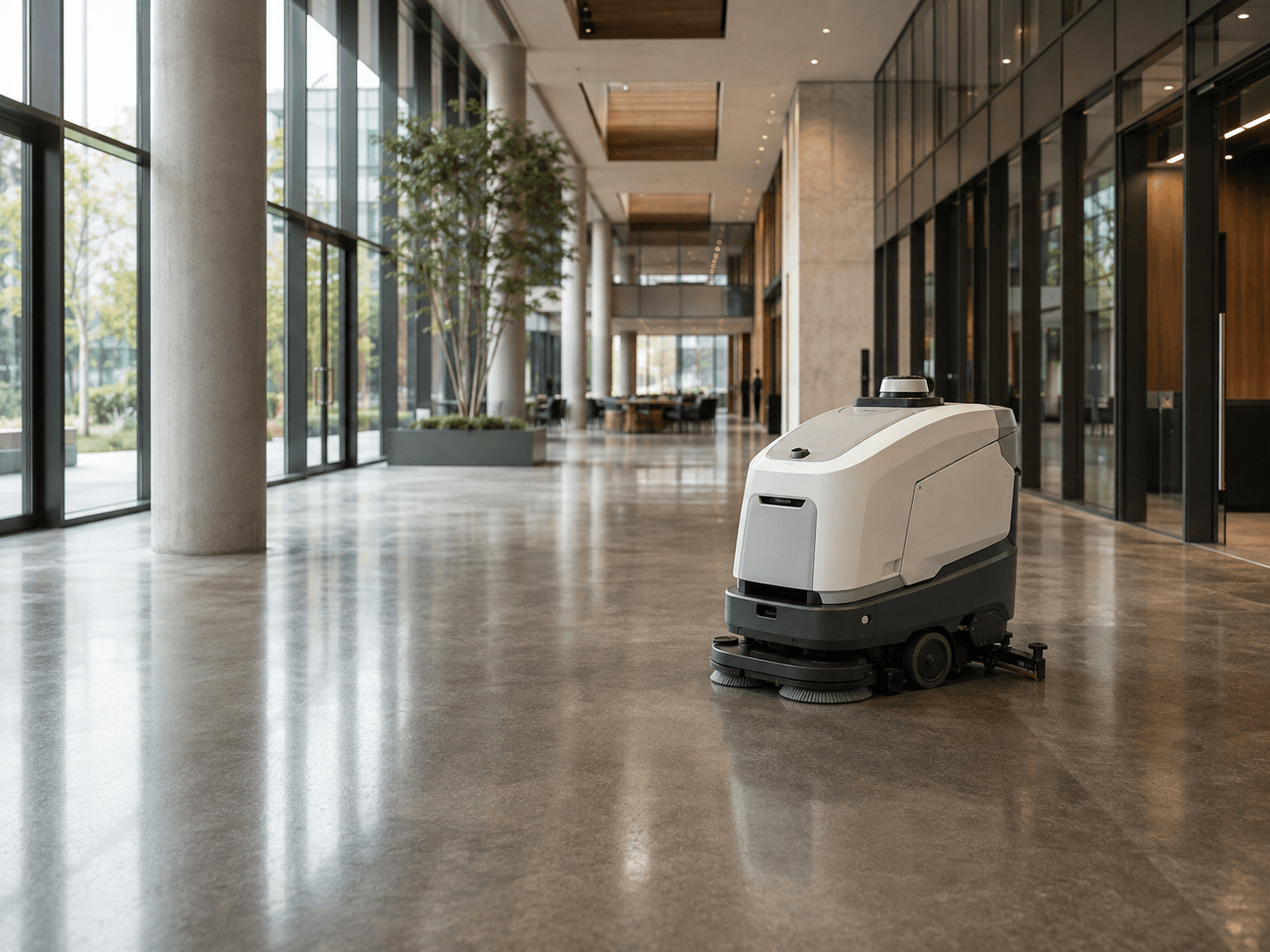 Illustrative Darstellung eines autonomen Reinigungsroboters auf einer Gewerbefläche